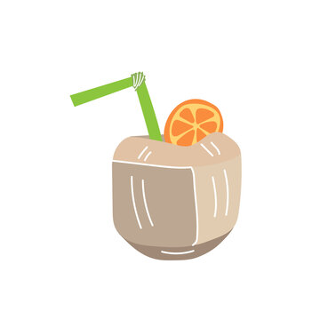 Coconut water drink. Shelled coconut cocktail icon isolated on white background. Tiki fruity exotic drink