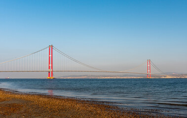 1915 Canakkale Bridge in Canakkale, Turkey. World's longest suspension bridge opened in Turkey. Turkish: 1915 Canakkale Koprusu. Bridge connect the Lapseki to the Gelibolu.