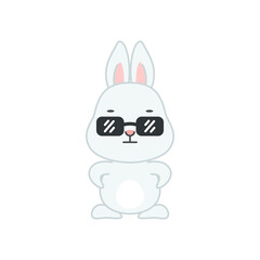 Cool bunny. Flat cartoon illustration of a funny little gray rabbit wearing black sunglasses isolated on a white background. Vector 10 EPS.
