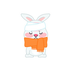 Cute sick bunny. Flat cartoon illustration of a sad little rabbit with head bandage and scarf isolated on a white background. Vector 10 EPS.
