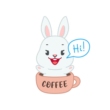 Cute bunny sitting in a cup. Flat cartoon illustration of a funny little rabbit with coffee mug and speech bubble "Hi!" isolated on a white background. Vector 10 EPS.