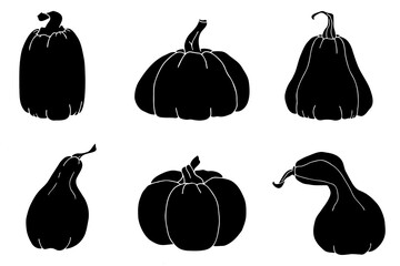 A set of Black and white silhouettes of pumpkins of different shapes. Vector elements for design. Pumpkins for Halloween