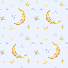 Fototapeta na wymiar Watercolor crescent moon and stars on light background. Seamless pattern