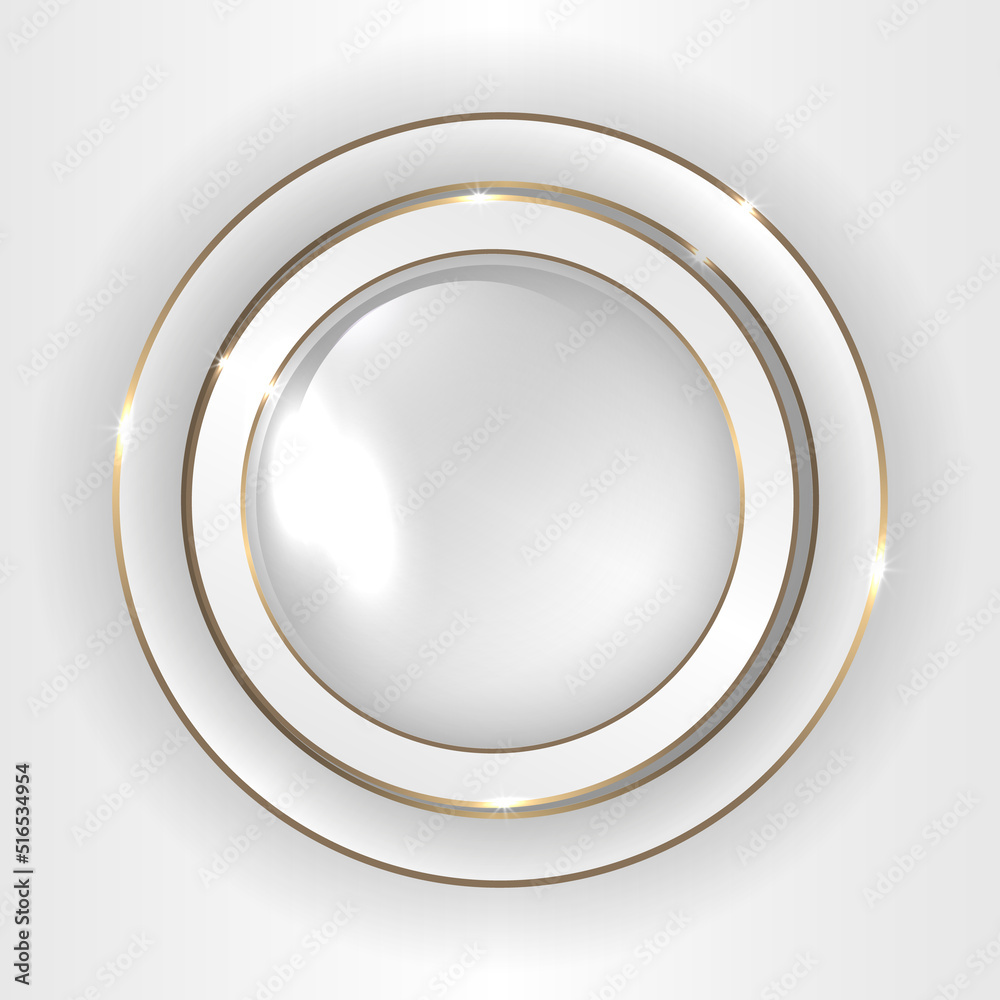 Poster white and gold 3d circle button. elegant circle 3d shape design with golden lines. white abstract ge