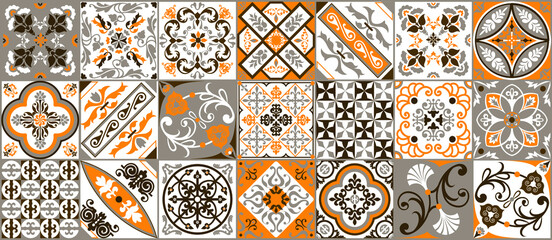 Traditional ornate Portuguese decorative colored azulejos tiles. Abstract background. Vector drawing illustration, typical Portuguese tiles, ceramic tiles. Seamless background. - obrazy, fototapety, plakaty
