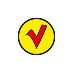 Yellow red tick yellow circle. Check mark icon. Vector illustration. Stock image. 