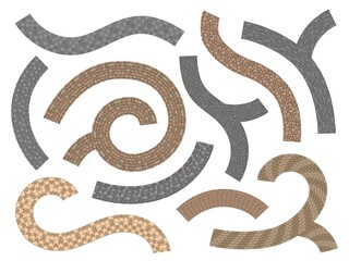 Sidewalk stone path. Pavement tiles road of bricks cobblestones and concrete, outdoor decoration garden walkway. Vector patio paving construction