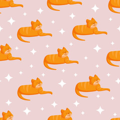 Seamless texture with brown cat and stars for textile, fabric. Vector illustration of the pattern.
