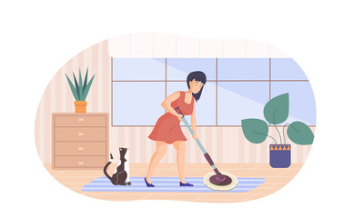 Young woman cleaning room with mop at apartment. Housewife mopping floor at home using mop, cat sitting next to her. Household activities, housekeeping and chores routine
