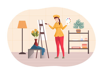 Girl artist painting on canvas with brush and palette. Female professional painter standing in front of easel creating picture at workshop.