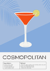 Cosmopolitan Cocktail in martini glass garnished with lime wheel. Summer aperitif recipe retro minimalist print. Alcoholic beverage with tropical palm shadow on background. Vector flat illustration. - obrazy, fototapety, plakaty