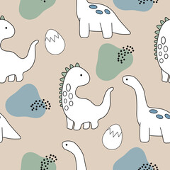 Vector hand drawn seamless pattern with cute dinosaurs. Print with dino, eggs, spots and dots in doodle style. Trendy wallpaper for the nursery, print for clothes, textiles.
