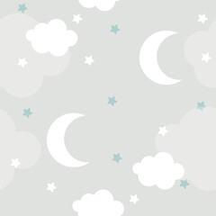 Vector hand drawn seamless pattern with clouds, stars and moon. On a gray background. Children's 3D wallpaper, textiles, print for clothes.