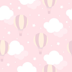 Vector seamless pattern with clouds, stars and balloons. Hand-drawn children's wallpaper, print for clothes, textiles. 3d wallpaper on a pink background.