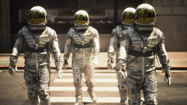 A Team Of Astronauts Are Walking Around The City In Between Flights On Their Spaceship. Astronauts On A Walk. The Concept Of Resting Astronauts. The Animation Is Ideal For Space And Sci-fi Backgrounds