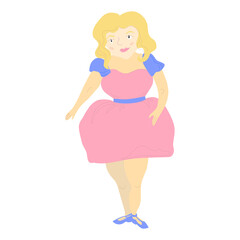 Cartoon Beautiful overweight girl standing in front view wearing pink dress. Vector illustration flat isolate.