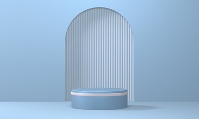 Empty minimalistic blue podium with white rim in studio lighting. Single cylinder on a blue background with an arch. 3d render