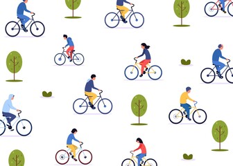 Man on bicycle pattern. Seamless print with cartoon bike rider, active recreation and cycling concept with cyclist. Vector texture