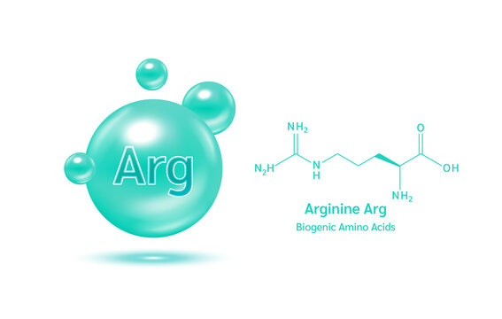 Important amino acid Arginine Arg and structural chemical formula and line model of molecule. Arginine blue on a white background. 3D Vector Illustration. Medical and scientific concepts.