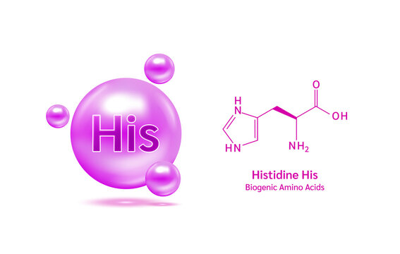 Important amino acid histidine and structural chemical formula and line model of molecule. Arginine blue on a white background. 3D Vector Illustration. Medical and scientific concepts.