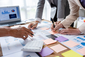 Group of business people brainstorm together to work presenting new ideas and projects.