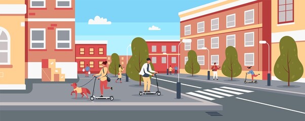 People on scooter in city. Cartoon characters ride electric scooter in street traffic, modern city transport, scooter rental concept. Vector urban vehicle illustration © Tartila