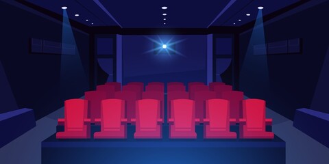 Cartoon cinema auditorium. Movie theater dark room with red seats and cinema projector glowing, scene background with concert hall interior. Vector illustration - obrazy, fototapety, plakaty