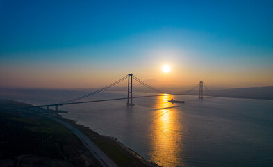 1915 Canakkale Bridge aerial view in Canakkale, Turkey. World's longest suspension bridge opened in Turkey. Turkish: 1915 Canakkale Koprusu. Bridge connect the Lapseki to the Gelibolu.