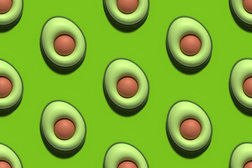Cute soft cartoon style avocado 3D rendering seamless pattern background for food and nature design.
