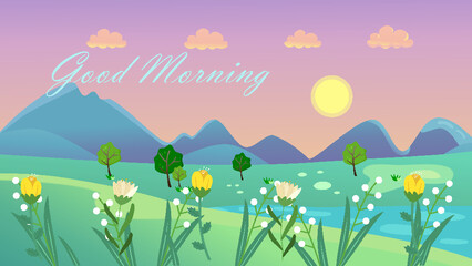 Obraz na płótnie Canvas nature, good morning, hello spring, rainbow, plants, sunrise, animation, motion picture, cartoon