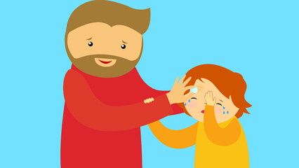 The boy is crying and dad puts ice on his forehead