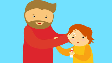 Dad smears his son's forehead with medicine