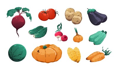 Vegetables collection. Fresh farm food highly detailed cartoon game asset of tomatoes potato pumpkin corn carrot onion cucumber. Vector organic colorful vegan food set