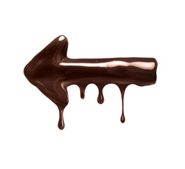 Arrow with dripping drops is made of melted chocolate, isolated on a white background