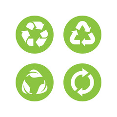 Recycle arrows in circle vector icon. Recycling symbol and leaf cycle symbol set.