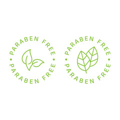 Paraben free vector label set. Circle emblem with leaf for cosmetics packaging.