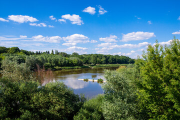 Central Europe river on a sunny summer day. Summer.