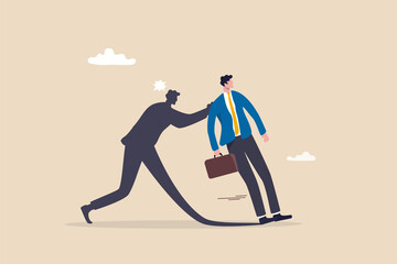 Courage entrepreneur, pushing yourself to success, encourage self believe, determination or aspiration to overcome challenge concept, fearful businessman being push by his shadow self to success.