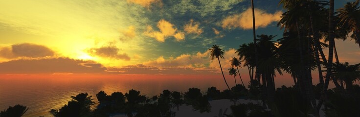 Sea under the sun, ocean with palm tree at sunrise, seashore with palm tree, 3d rendering