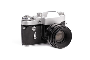 Old SLR camera isolated on white background.