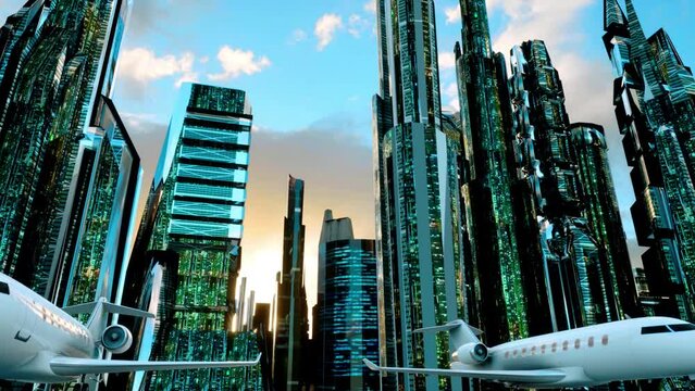 A close-up view of the private airplanes and private jets parked in front of the skyscrapers of a futuristic and ultra-modern city.