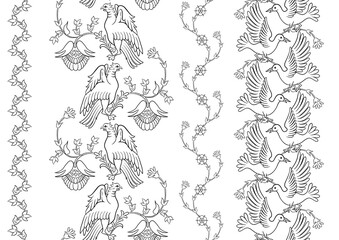 Byzantine traditional historical motifs of animals, birds, flowers and plants Seamless border pattern, linear ornament, ribbon. Outline vector illustration.