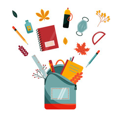 School, college or university items with autumn leaves. Backpack, stationary, books, water bottle, face mask and sanitiser. Back to School banner. Flat design. Vector illustration.