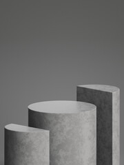 Concrete pedestal for product display with grey background. 3d rendering.