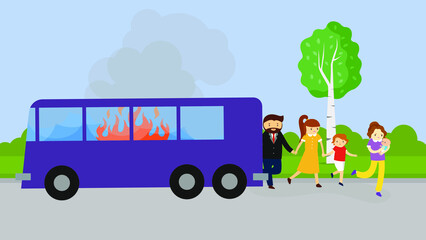 people flee from a burning bus