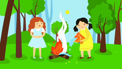 children put out a fire in the forest