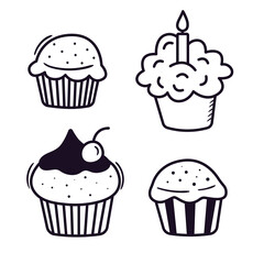 Outline doodle cupcakes. Baked dessert for birthday party and other celebration. Hand drawn muffins illustration. Lineair sketch food element