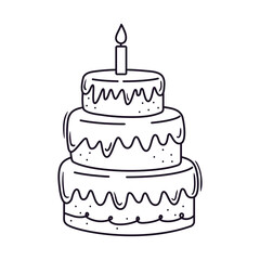 Outline doodle icon of a birthday cake with candle. Baked dessert for party and celebration. Hand drawn doodle illustration. Lineair sketch element