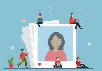 Group of people using mobile phones for social media contacts, increasing followers in social media, communication in media concept, flat vector illustration