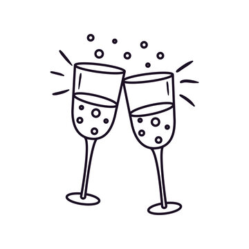 Outline icon of champagne glasses with fizzy beverage. Birthday party, anniversary, christmas, new year, wedding cheers. Hand drawn doodle illustration. Lineair sketch element